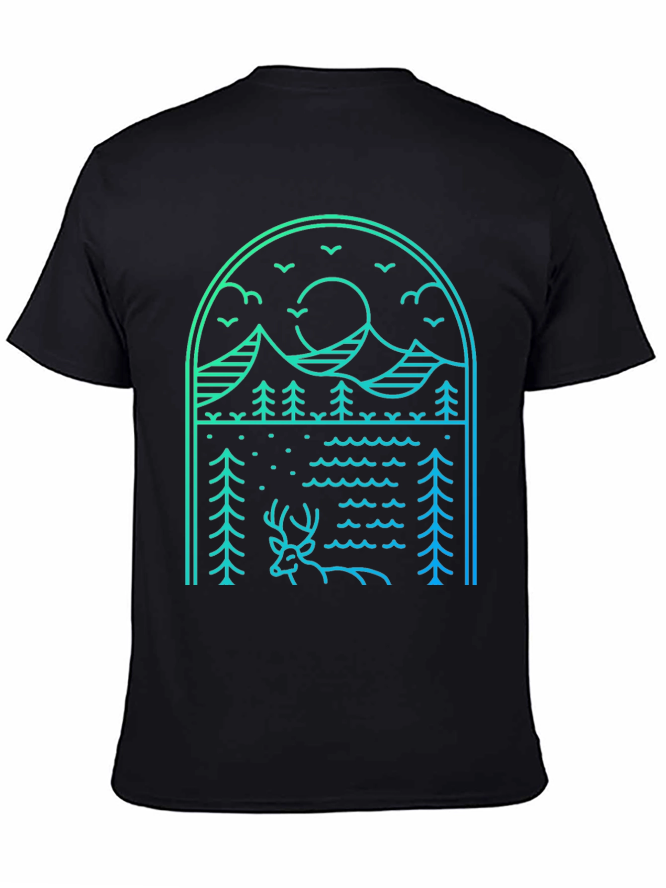 Nature Line Art Tee - Deer & Mountain Graphic