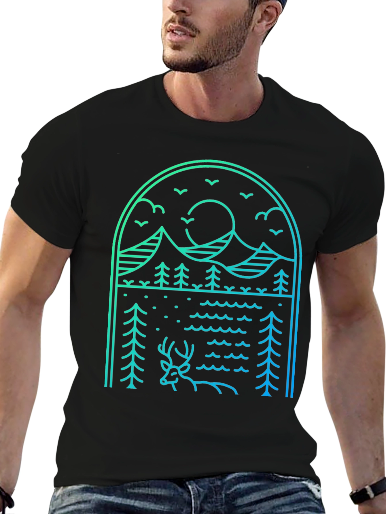 Nature Line Art Tee - Deer & Mountain Graphic