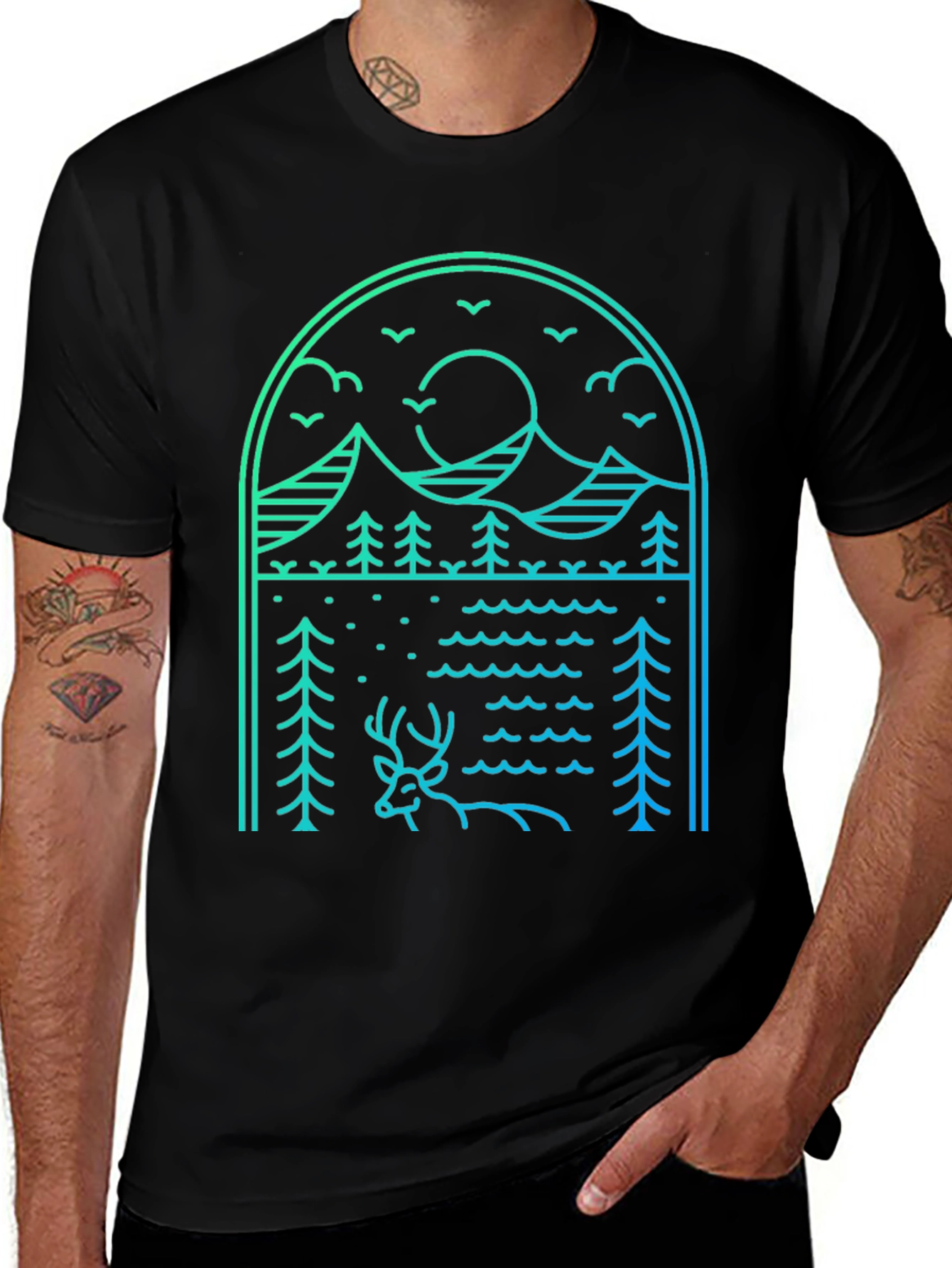 Nature Line Art Tee - Deer & Mountain Graphic