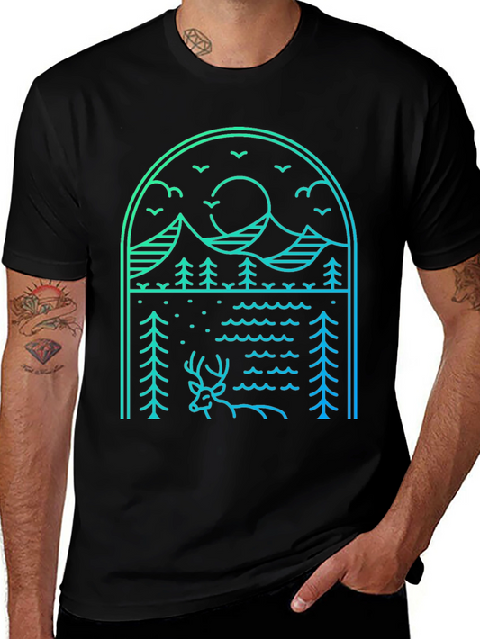 Nature Line Art Tee - Deer & Mountain Graphic