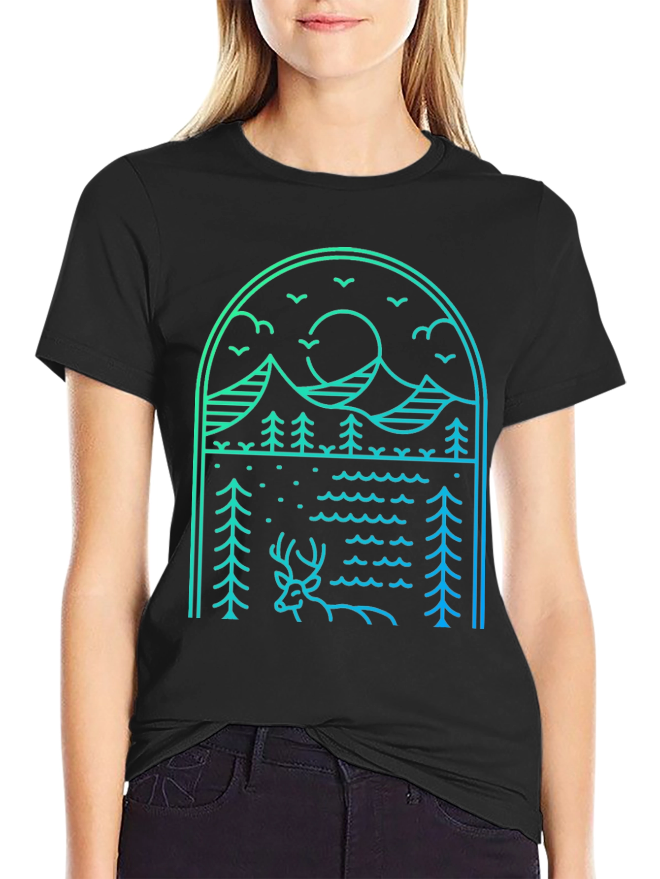 Nature Line Art Tee - Deer & Mountain Graphic