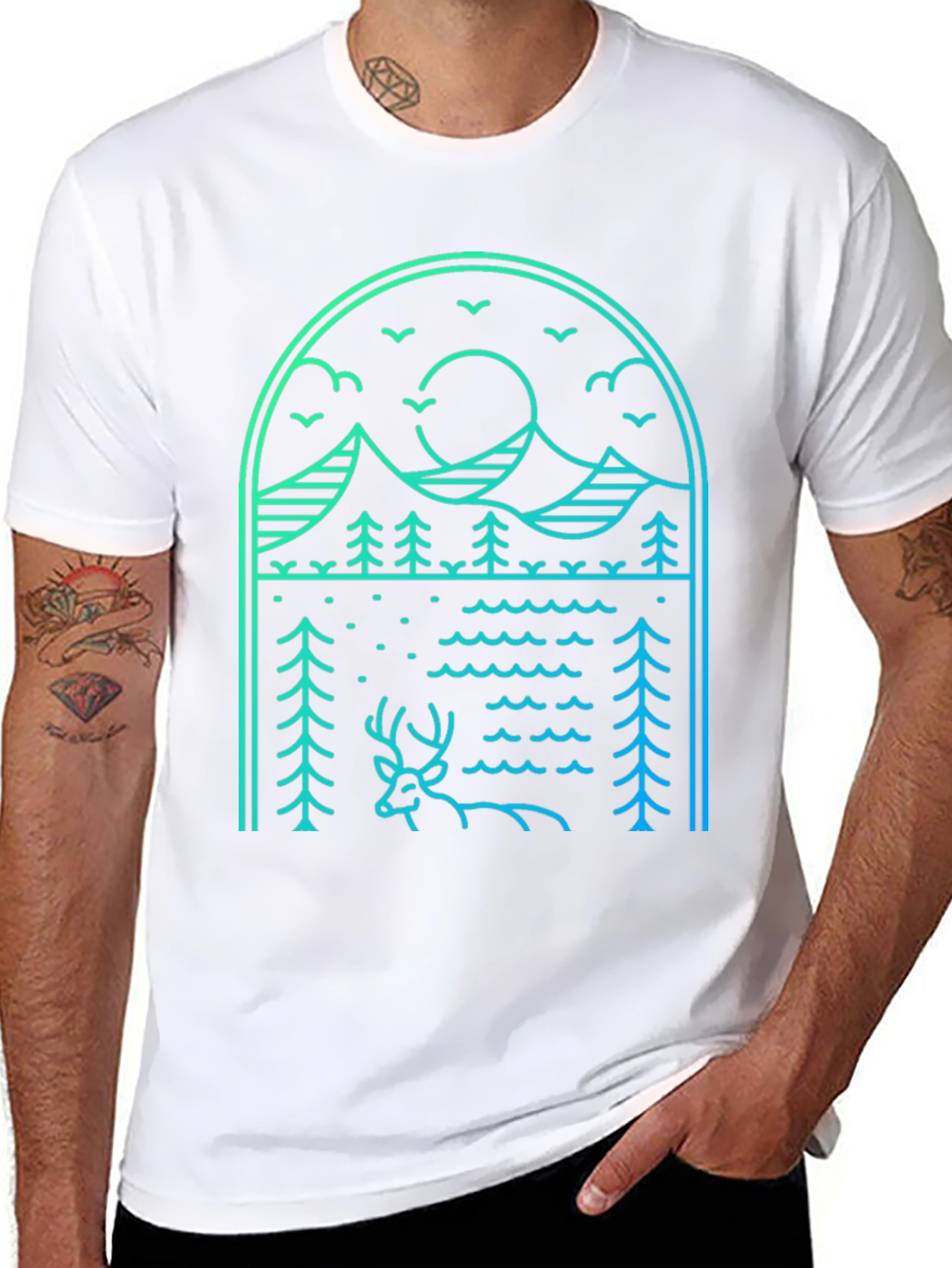 Nature Line Art Tee - Deer & Mountain Graphic