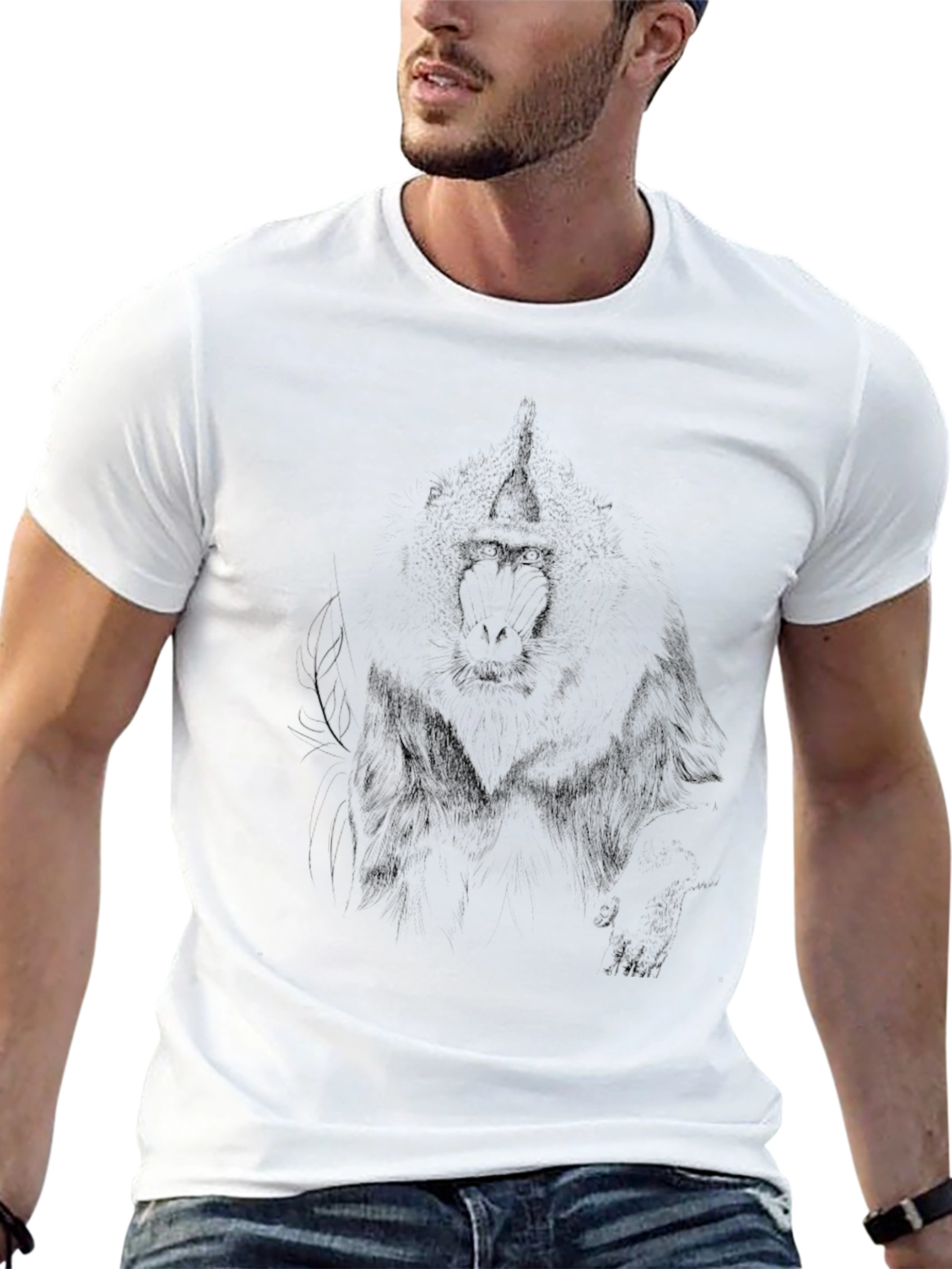 Mens Black Graphic Tee - Baboon Sketch Print