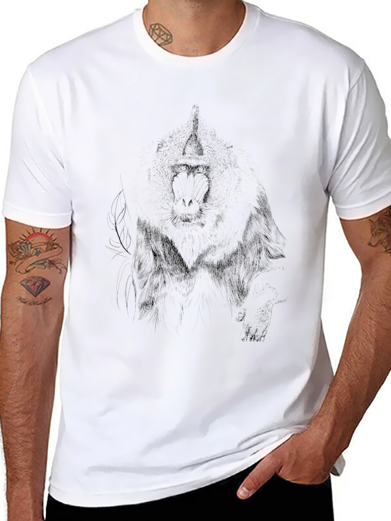 Mens Black Graphic Tee - Baboon Sketch Print