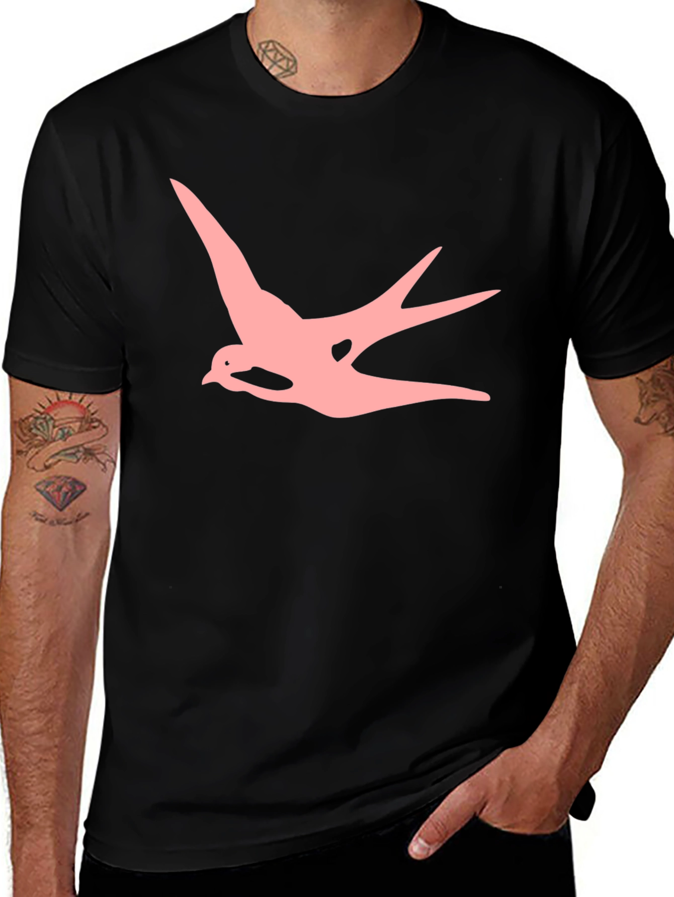Mens Black T-shirt with Pink Swallow Graphic