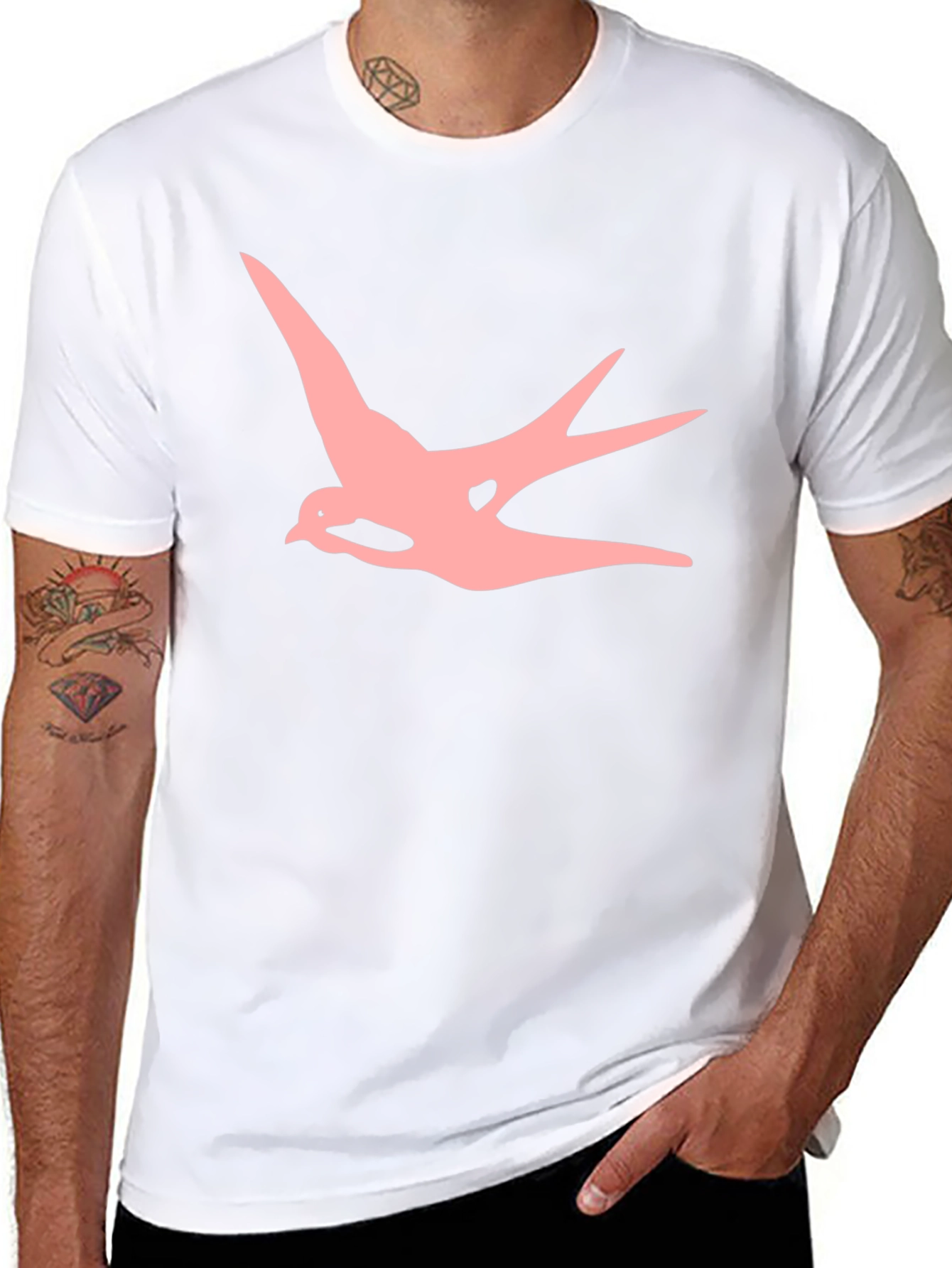 Mens Black T-shirt with Pink Swallow Graphic