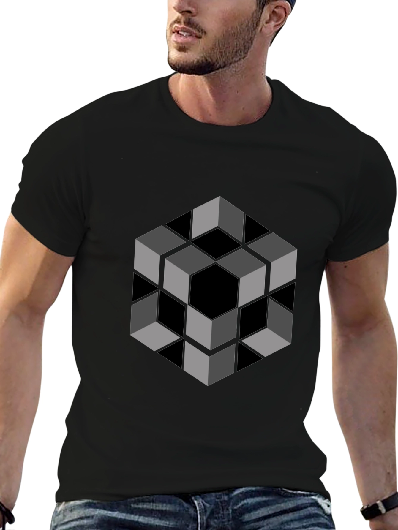 Optical Illusion Cube Graphic Tee - Modern Black Shirt
