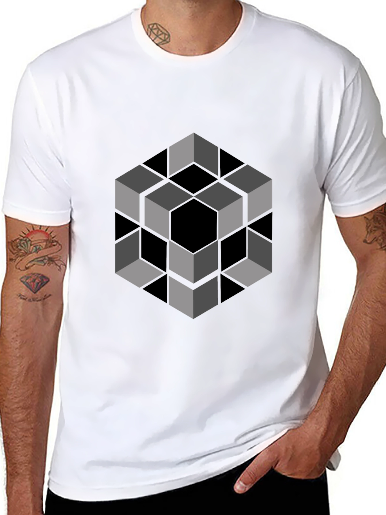 Optical Illusion Cube Graphic Tee - Modern Black Shirt