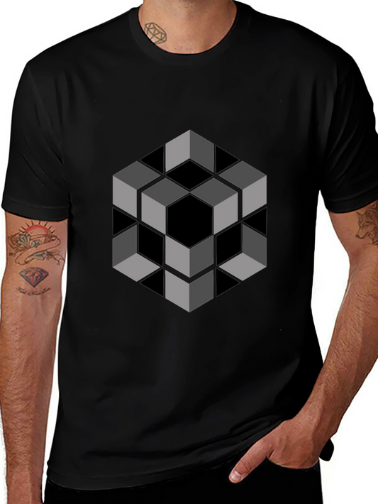 Optical Illusion Cube Graphic Tee - Modern Black Shirt