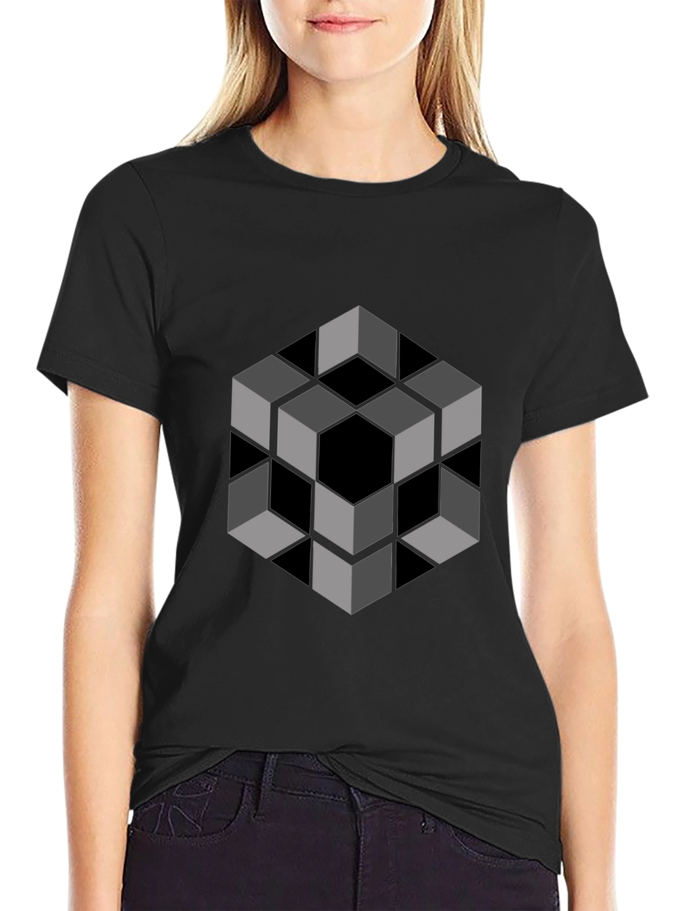 Optical Illusion Cube Graphic Tee - Modern Black Shirt