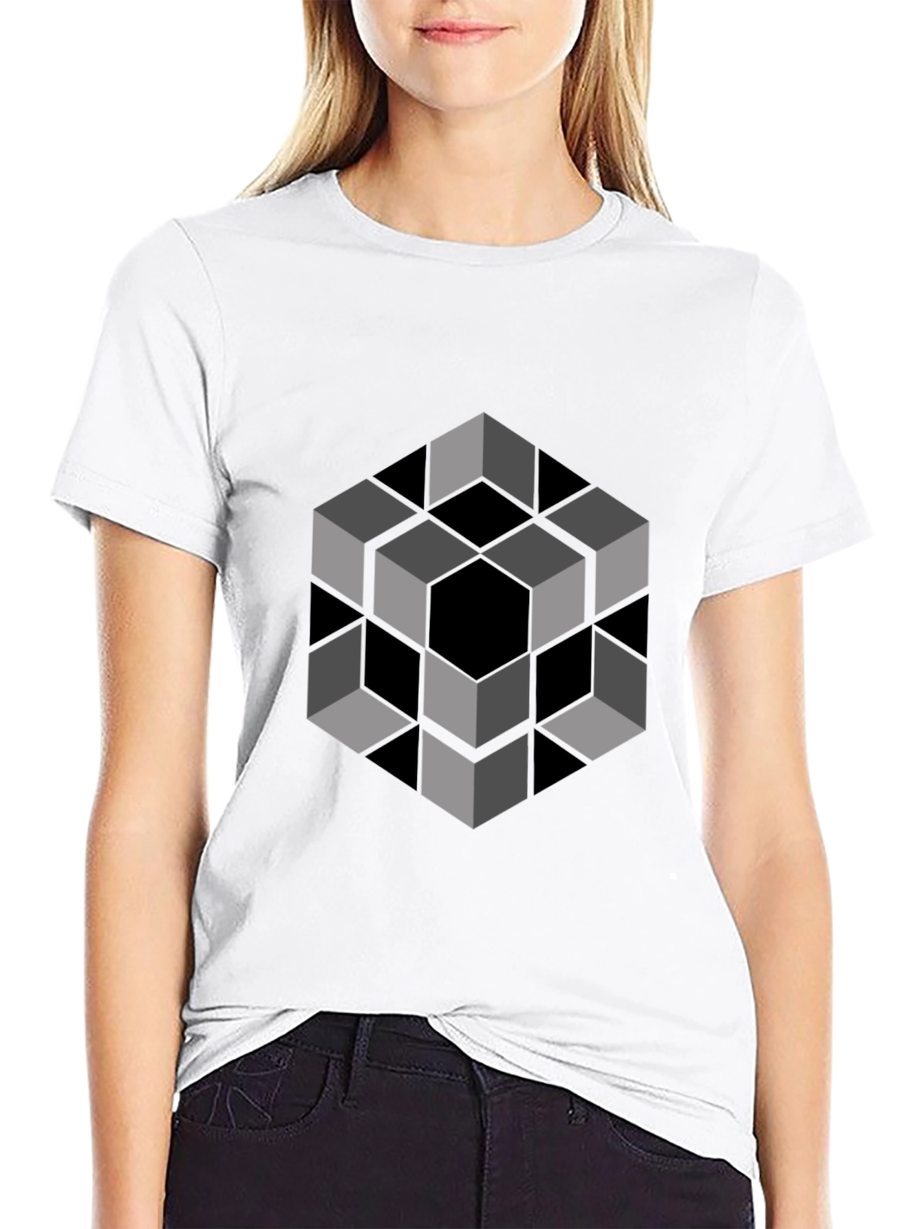 Optical Illusion Cube Graphic Tee - Modern Black Shirt