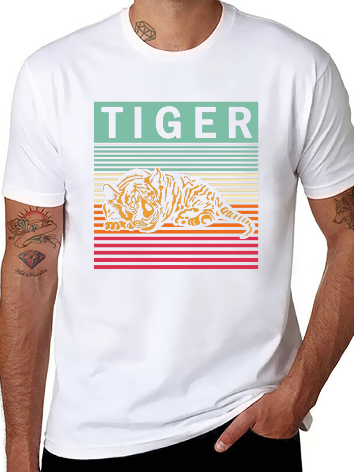 Retro Tiger Graphic Tee - Cool Striped Design