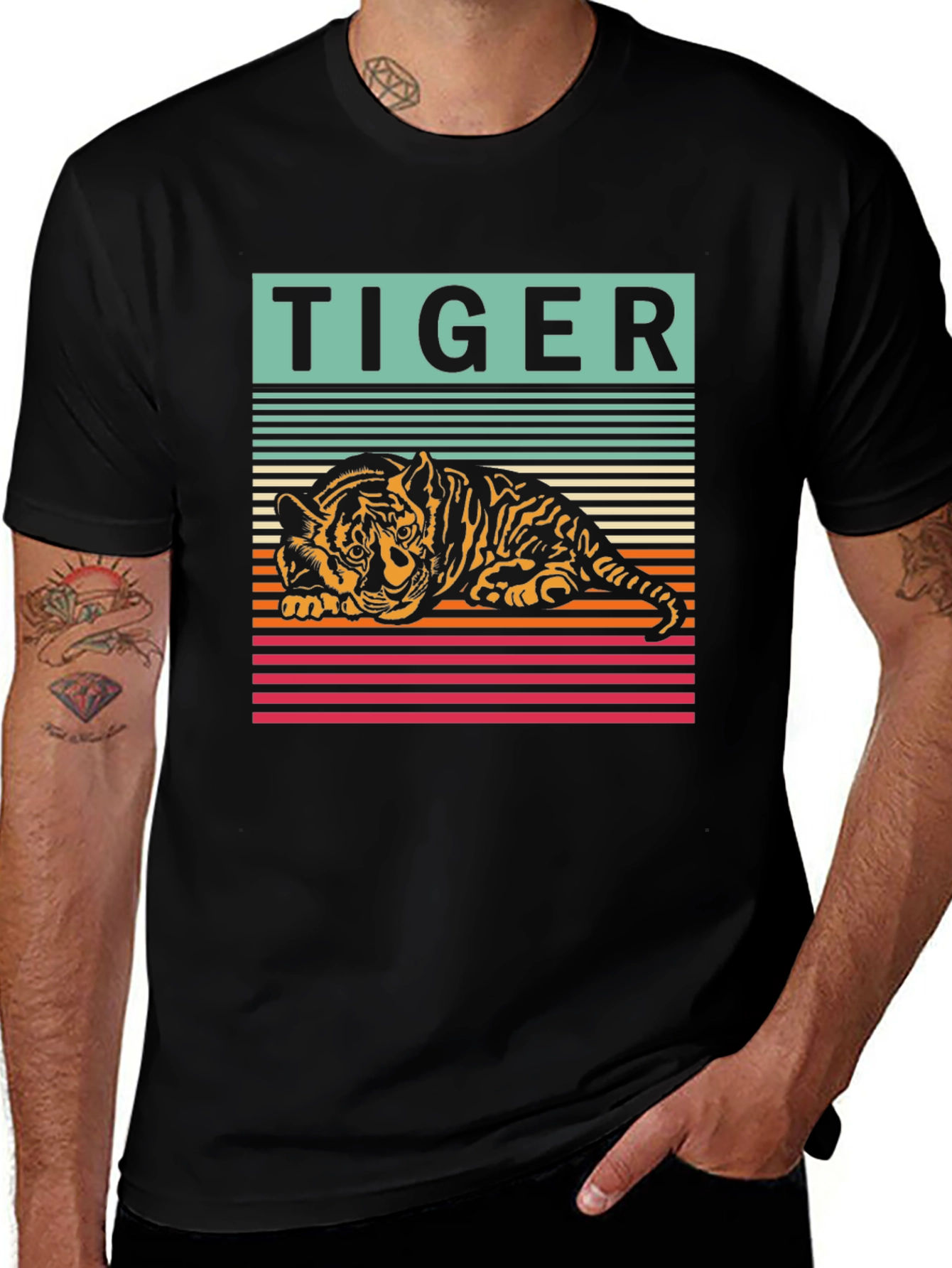 Retro Tiger Graphic Tee - Cool Striped Design