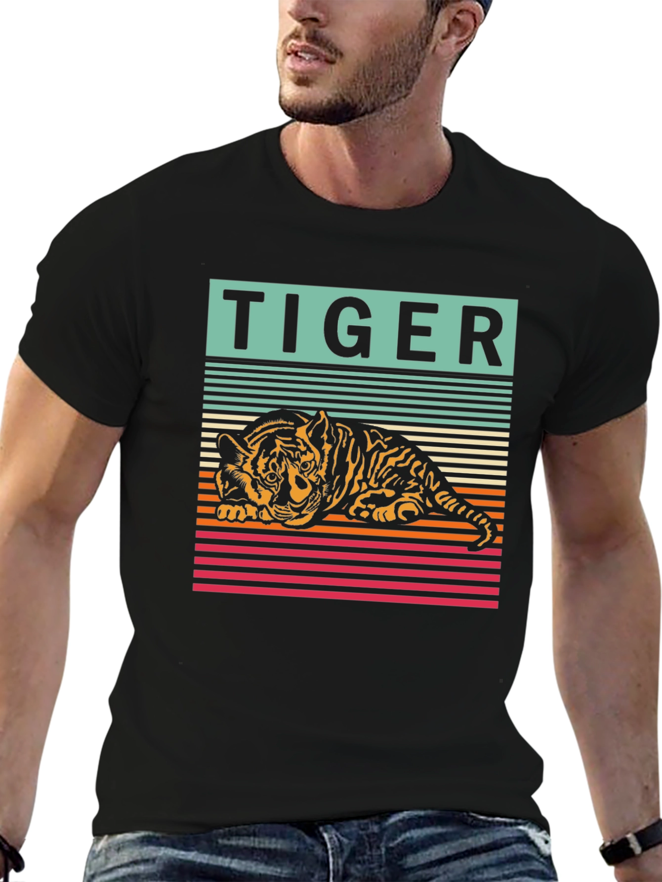 Retro Tiger Graphic Tee - Cool Striped Design