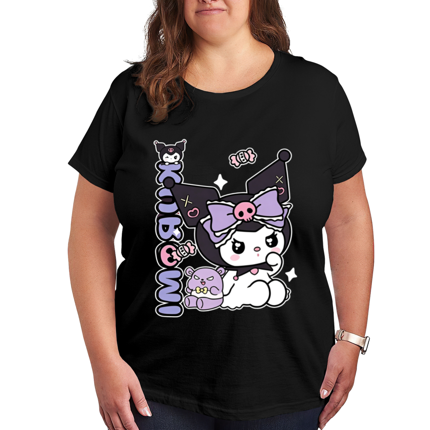 Lovely Kuromi With Bear Decor Graphic Plus?Size Women Short Sleeve T?Shirt