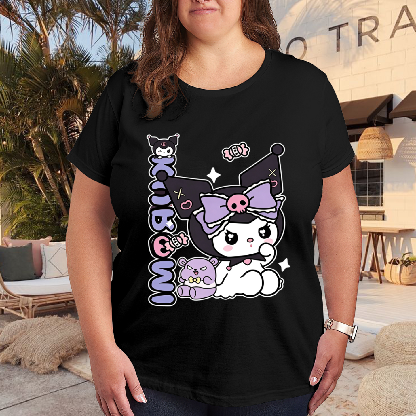 Lovely Kuromi With Bear Decor Graphic Plus?Size Women Short Sleeve T?Shirt