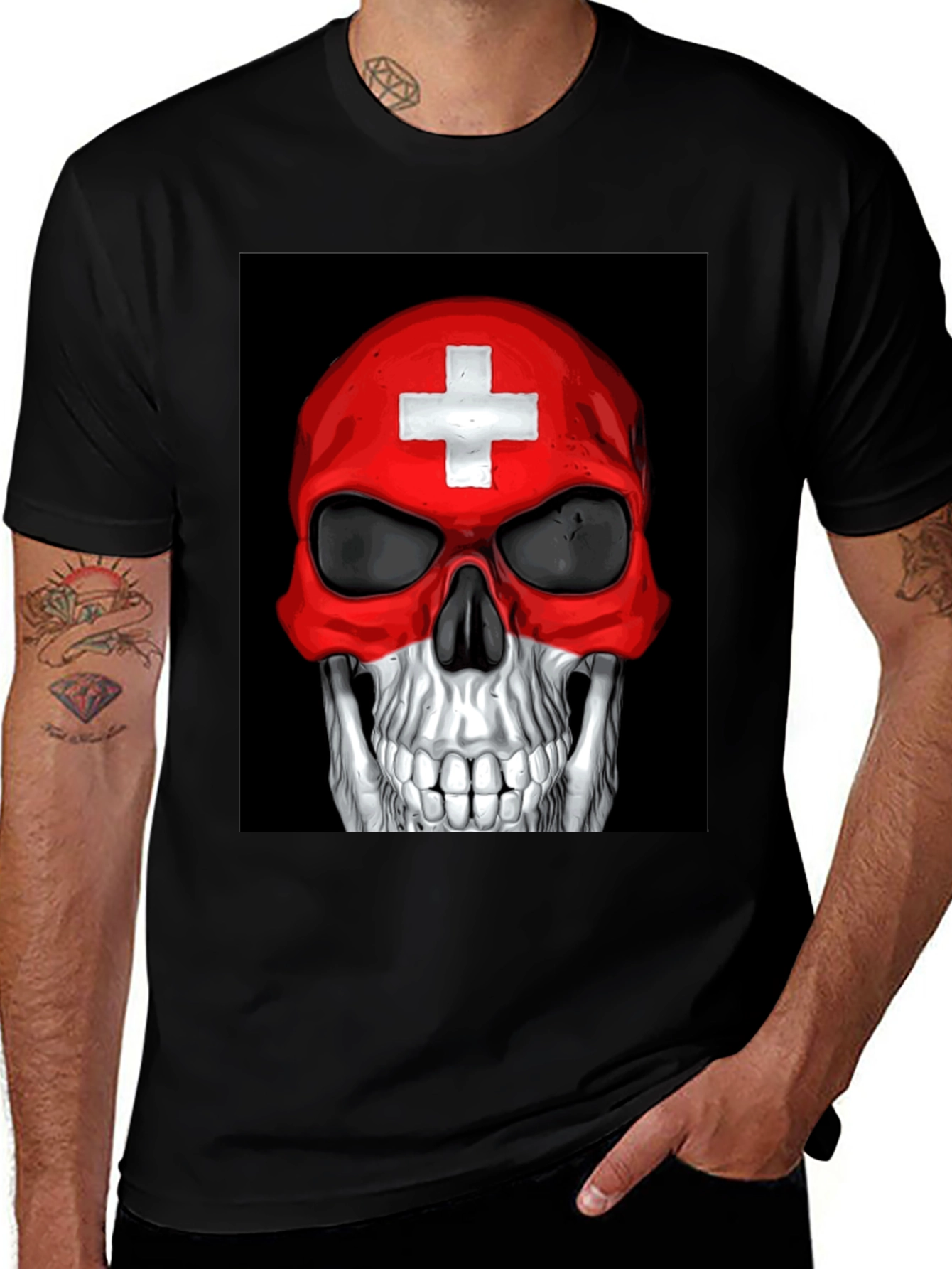 Skull Switzerland Flag Graphic Tee - Black Cotton T-Shirt