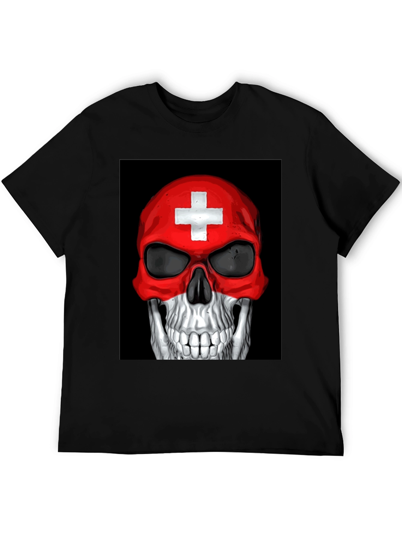 Skull Switzerland Flag Graphic Tee - Black Cotton T-Shirt