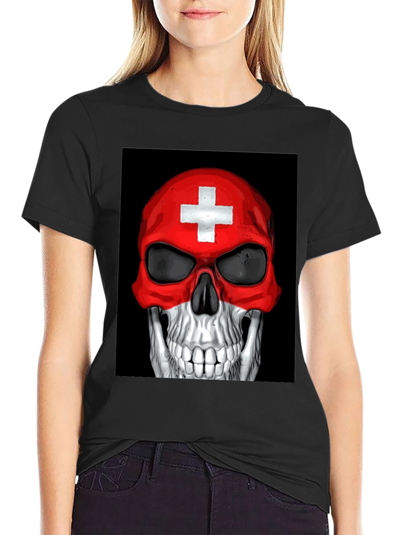 Skull Switzerland Flag Graphic Tee - Black Cotton T-Shirt