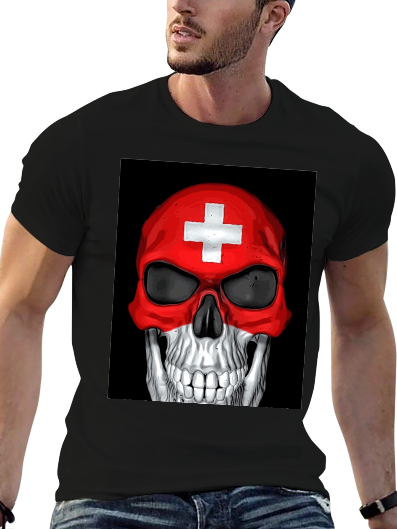Skull Switzerland Flag Graphic Tee - Black Cotton T-Shirt