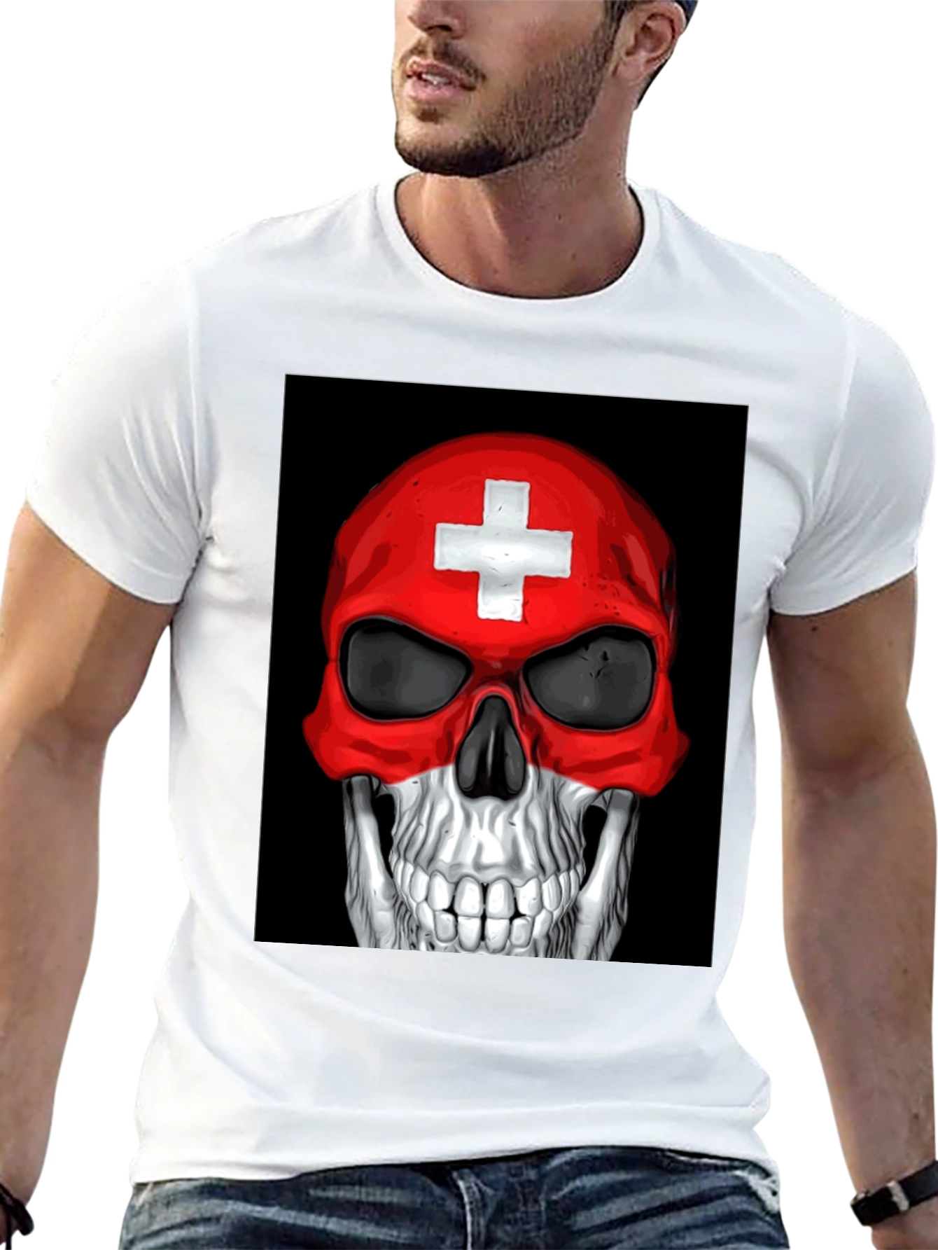 Skull Switzerland Flag Graphic Tee - Black Cotton T-Shirt