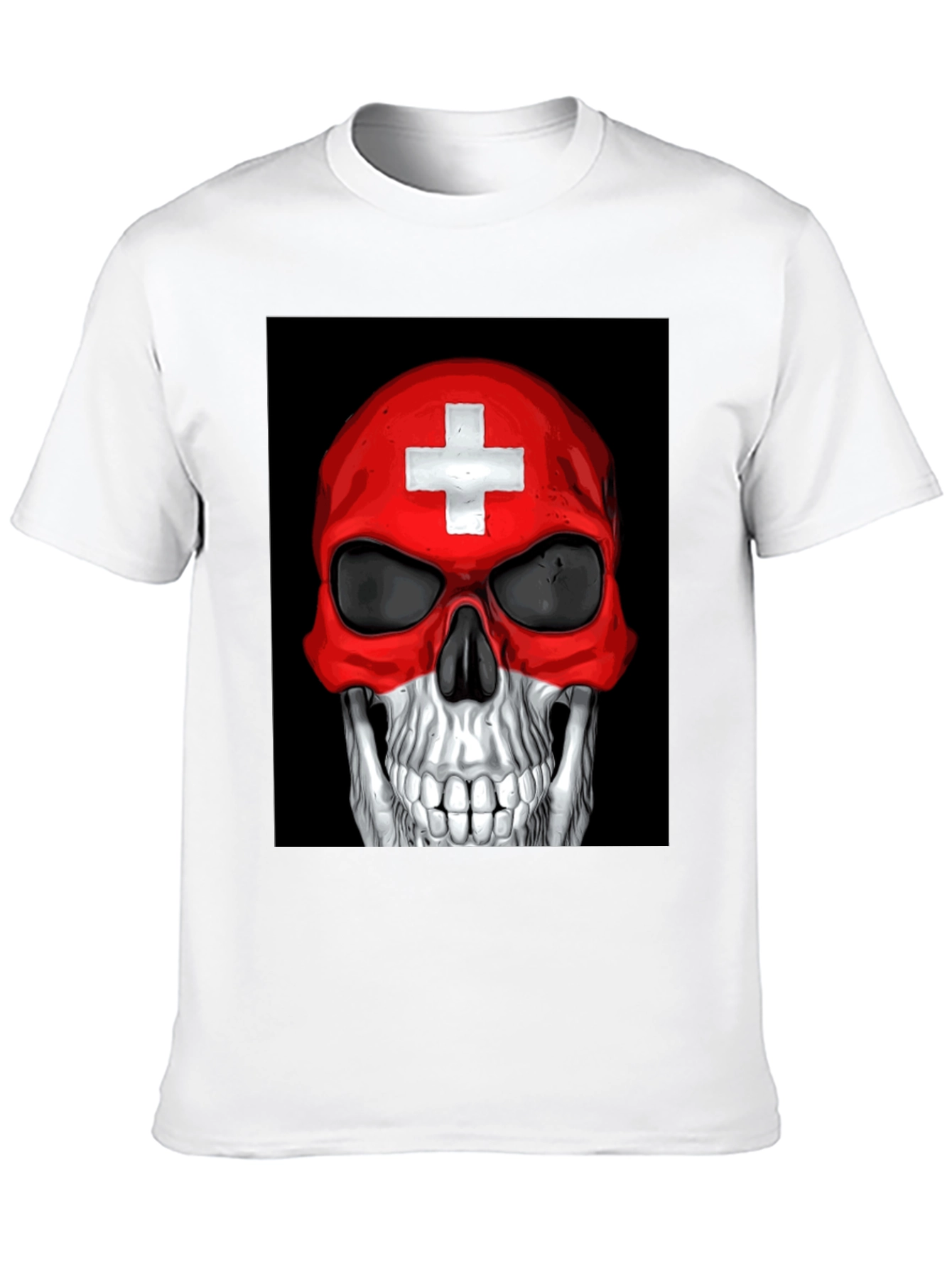 Skull Switzerland Flag Graphic Tee - Black Cotton T-Shirt