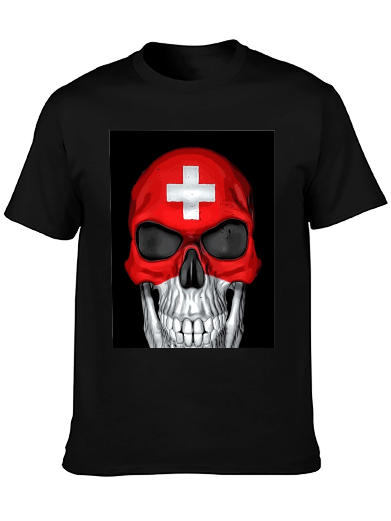 Skull Switzerland Flag Graphic Tee - Black Cotton T-Shirt