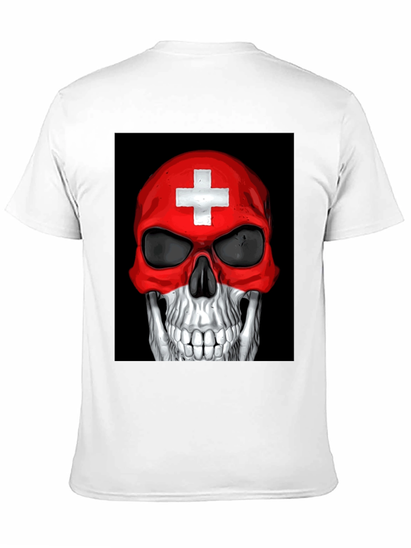 Skull Switzerland Flag Graphic Tee - Black Cotton T-Shirt