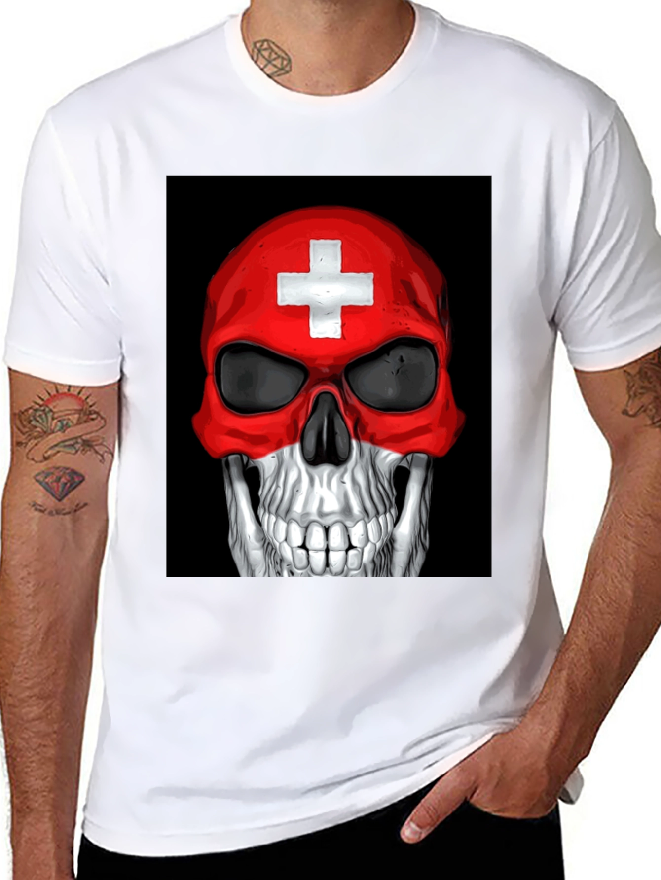 Skull Switzerland Flag Graphic Tee - Black Cotton T-Shirt