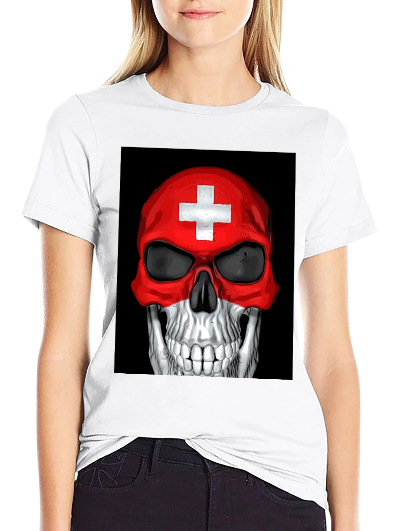 Skull Switzerland Flag Graphic Tee - Black Cotton T-Shirt