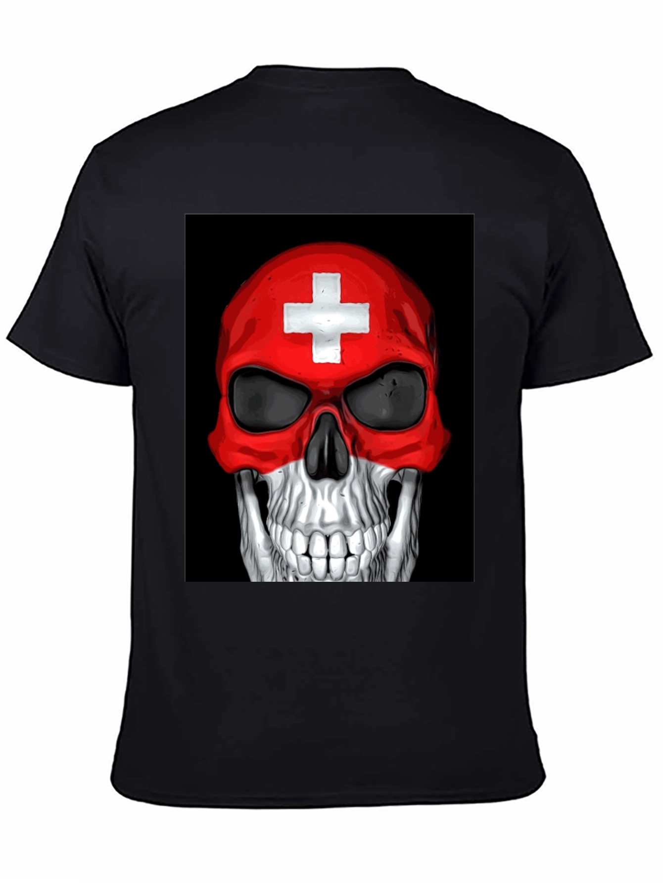 Skull Switzerland Flag Graphic Tee - Black Cotton T-Shirt