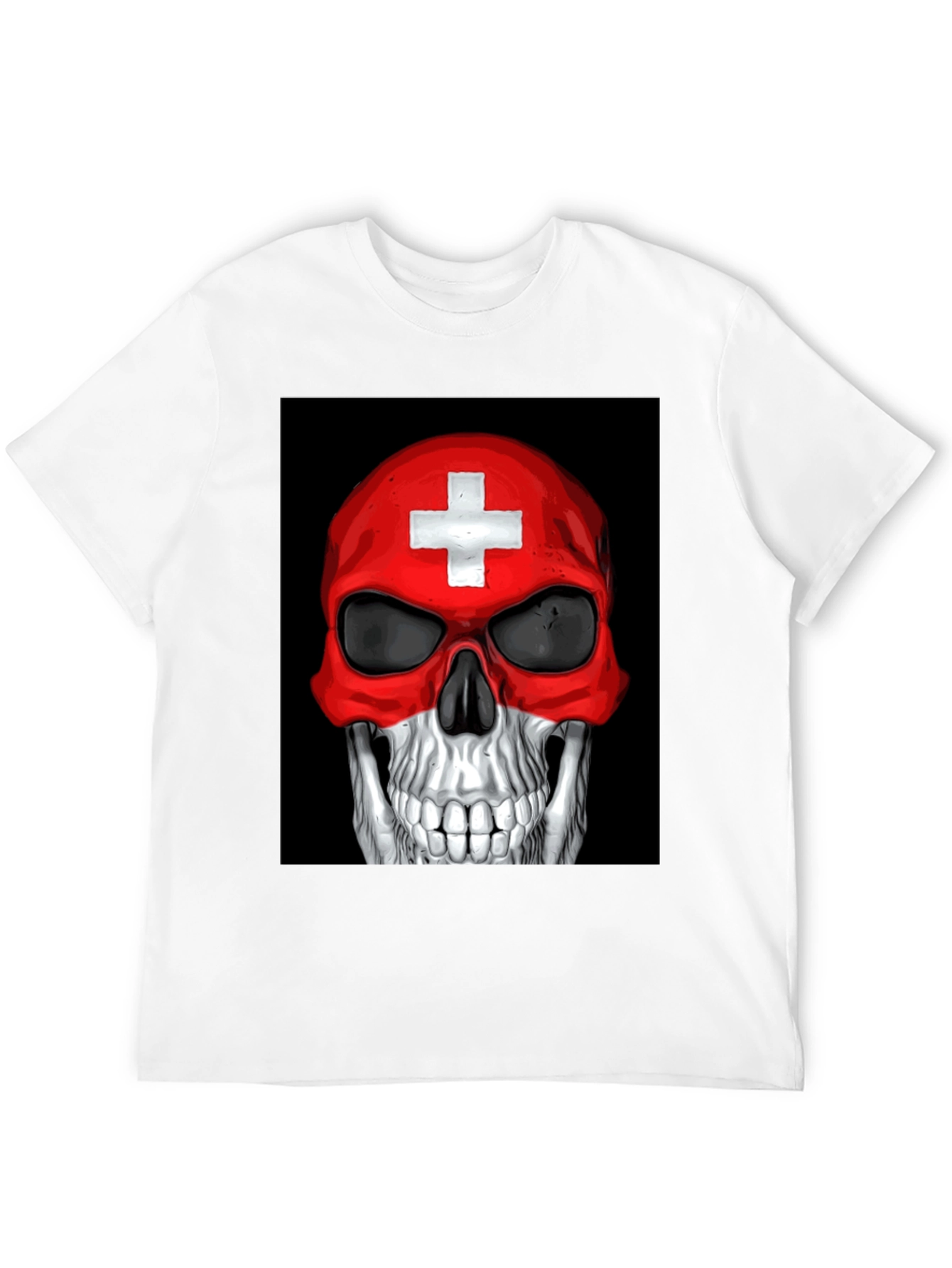 Skull Switzerland Flag Graphic Tee - Black Cotton T-Shirt