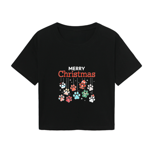 Colorful Dog Paw Print Merry Christmas Crop T?Shirt