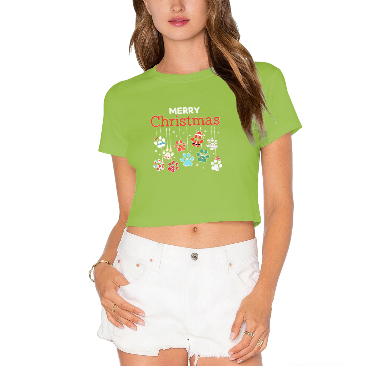 Colorful Dog Paw Print Merry Christmas Crop T?Shirt