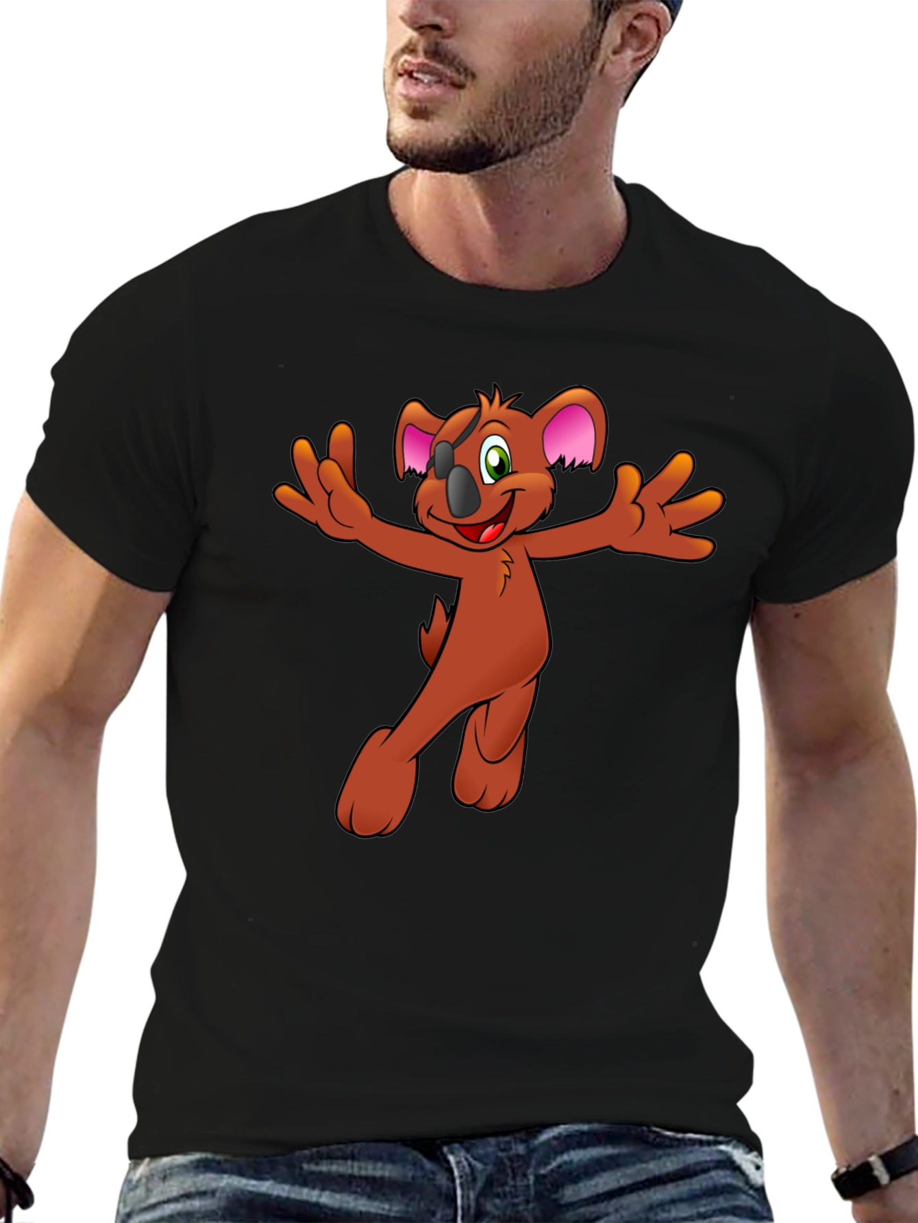 Koala Cartoon Graphic Tee - Black Cotton Blend