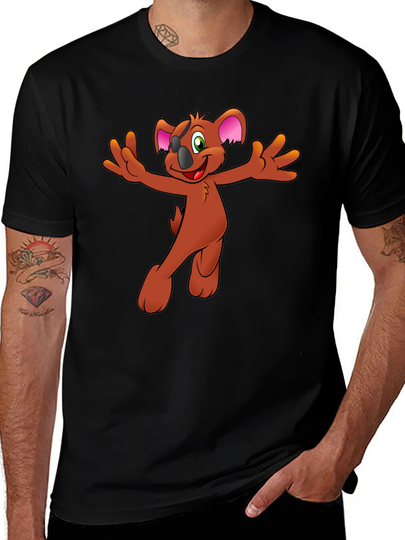 Koala Cartoon Graphic Tee - Black Cotton Blend