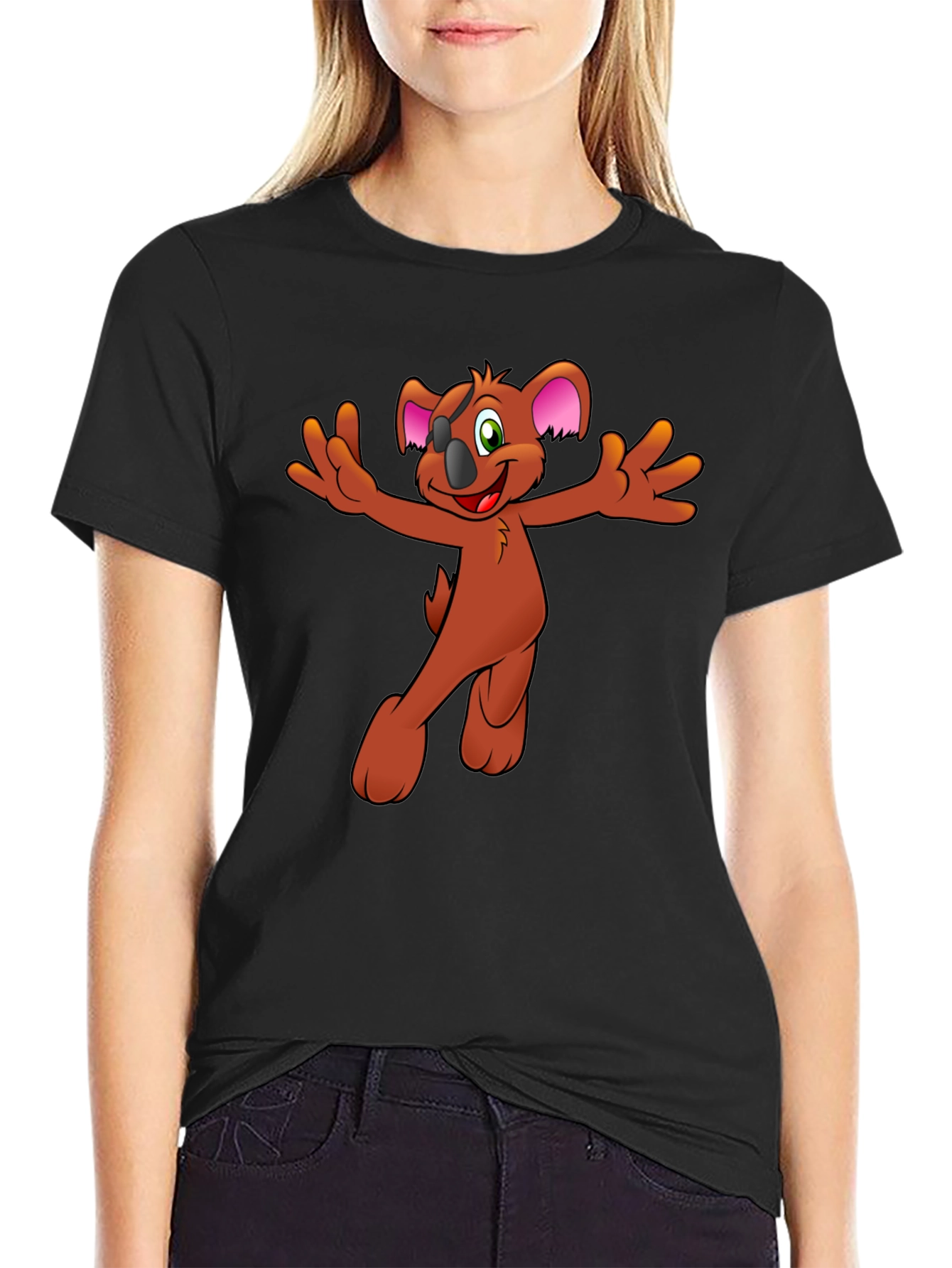 Koala Cartoon Graphic Tee - Black Cotton Blend