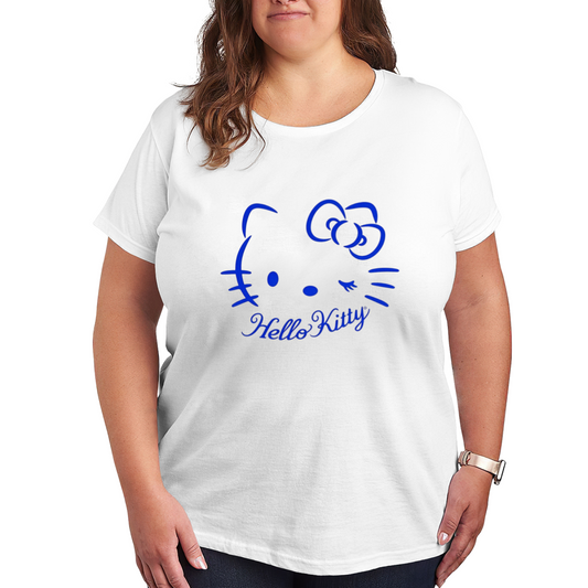 Winking Hello Kitty Blue Line Art Minimalist Plus?Size Women White Tee