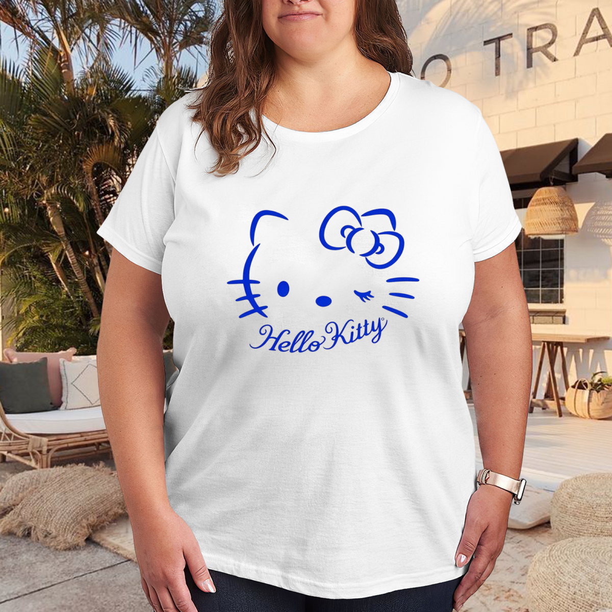 Winking Hello Kitty Blue Line Art Minimalist Plus?Size Women White Tee