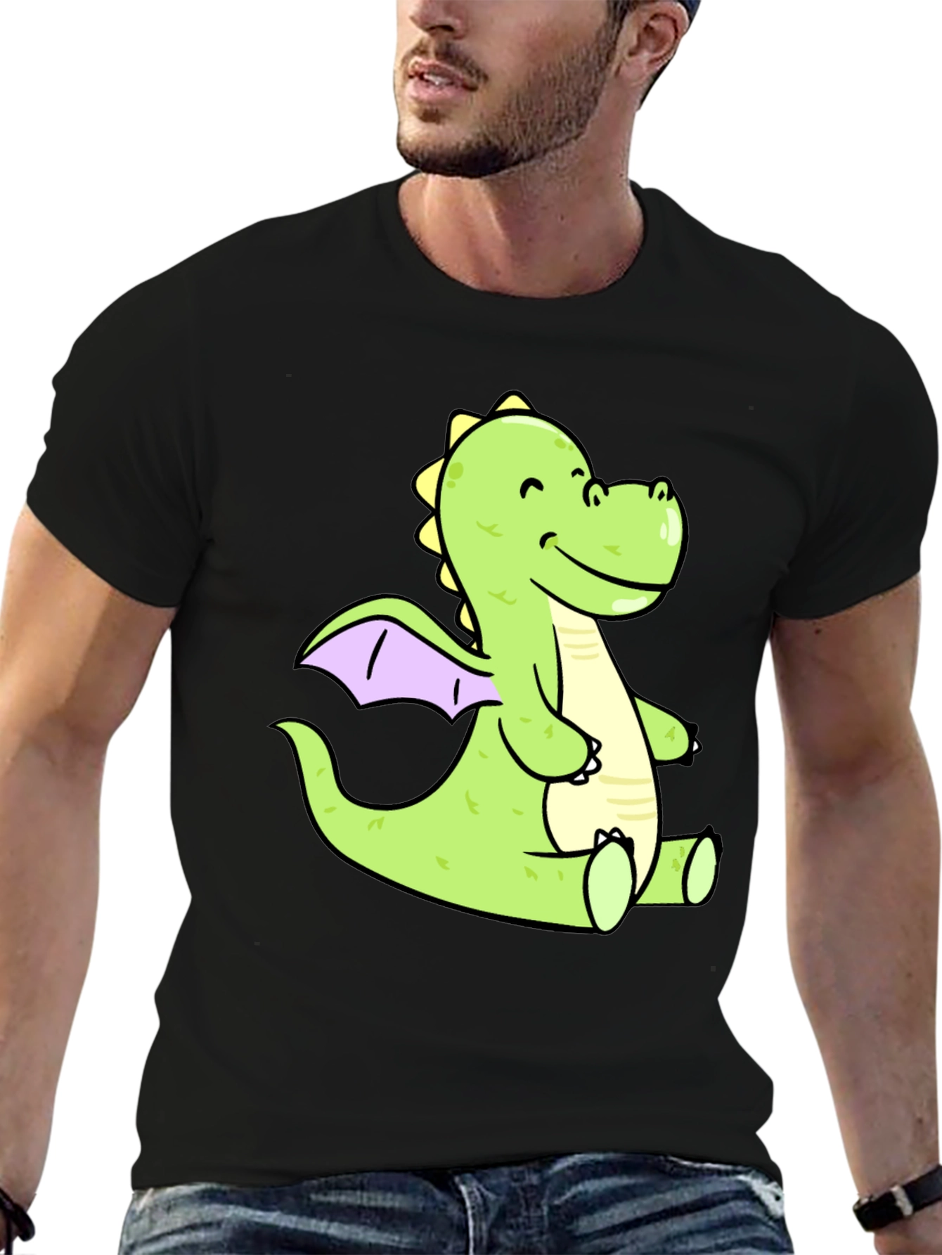 Cute Cartoon Dragon Graphic Tee - Black