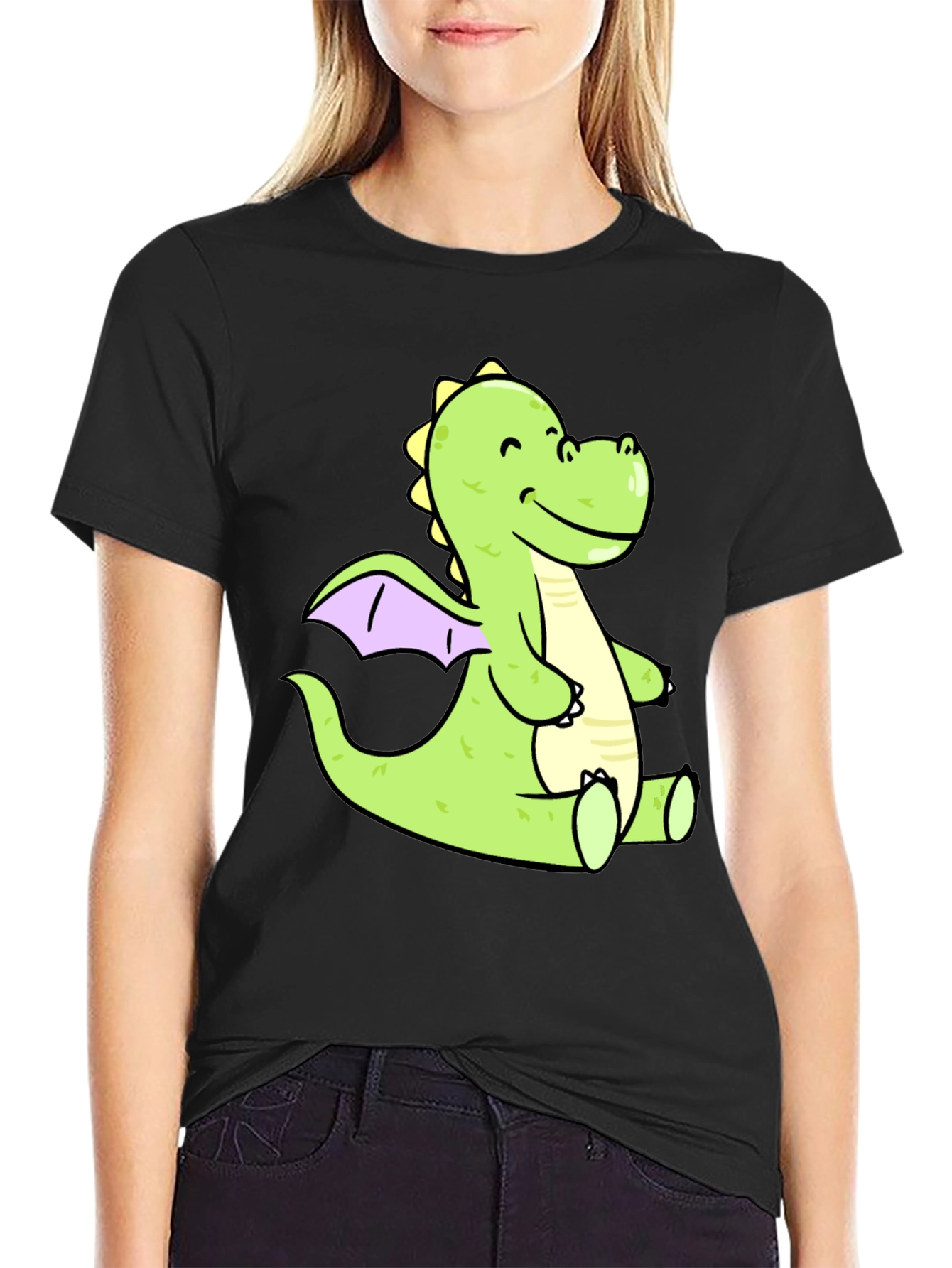 Cute Cartoon Dragon Graphic Tee - Black