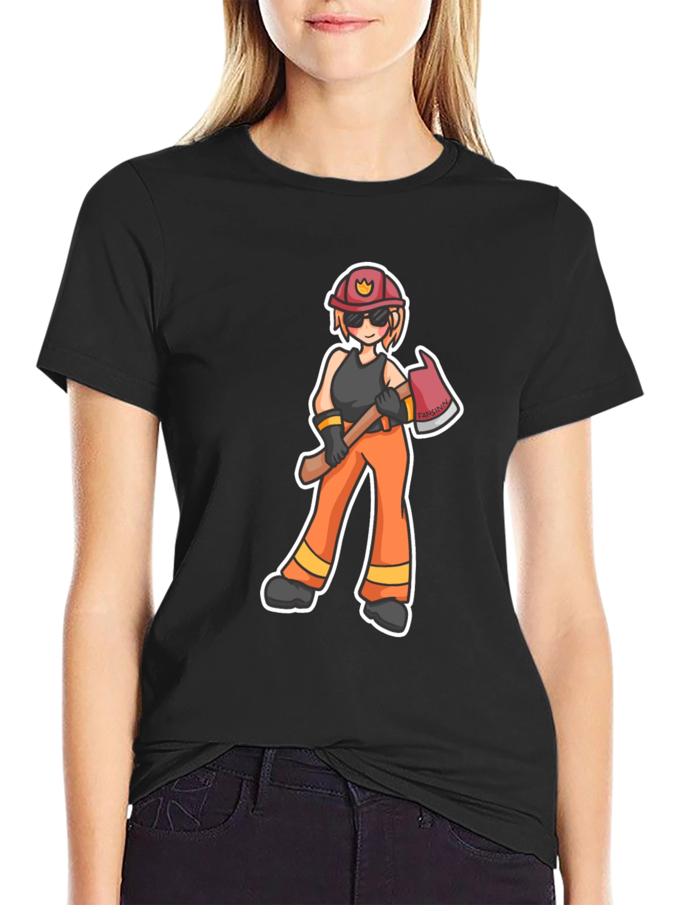 Cartoon Firefighter T-Shirt - Black
