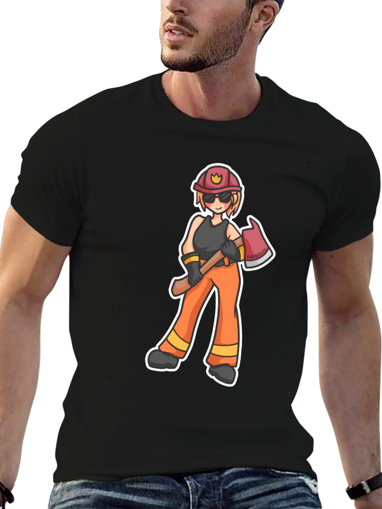 Cartoon Firefighter T-Shirt - Black