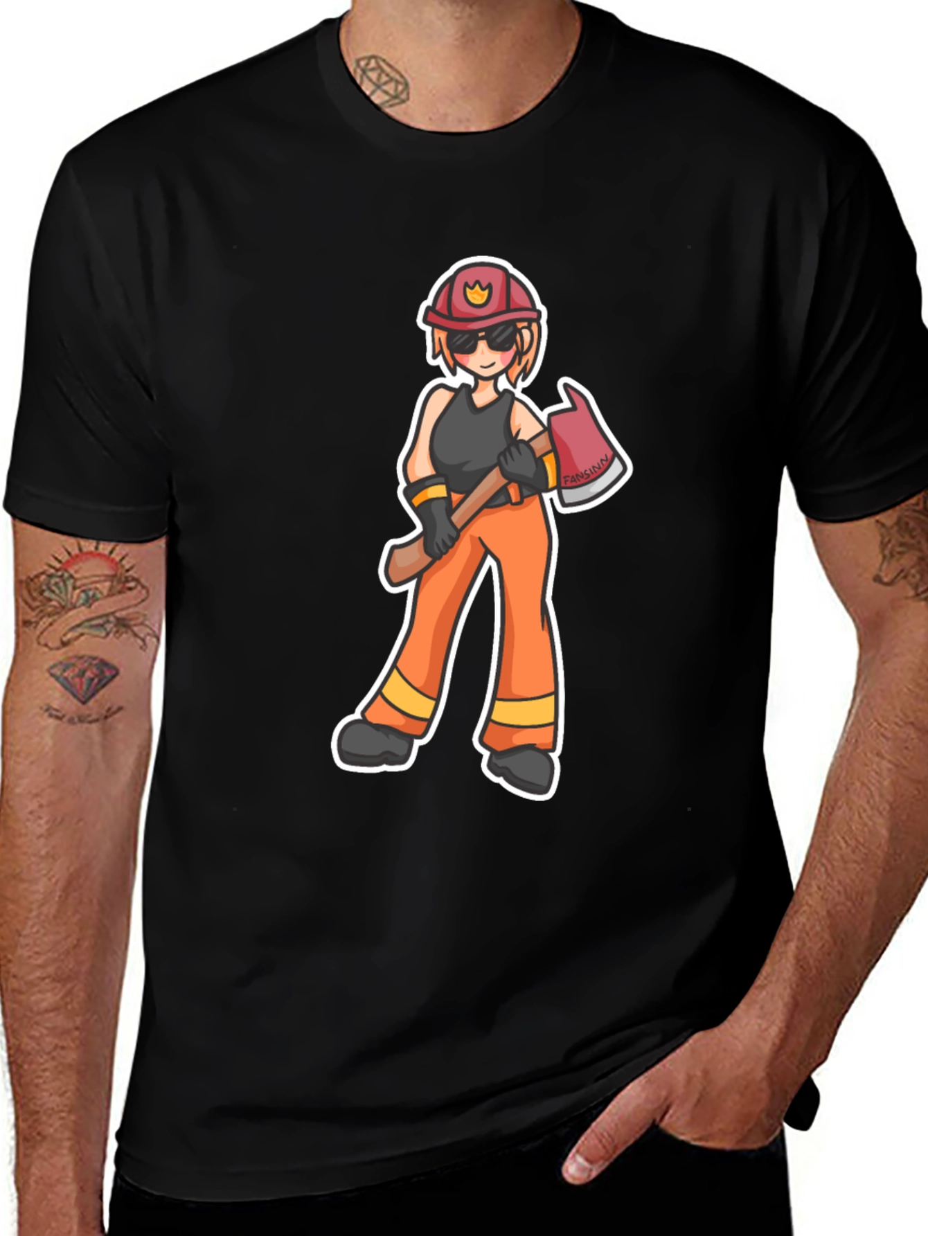 Cartoon Firefighter T-Shirt - Black