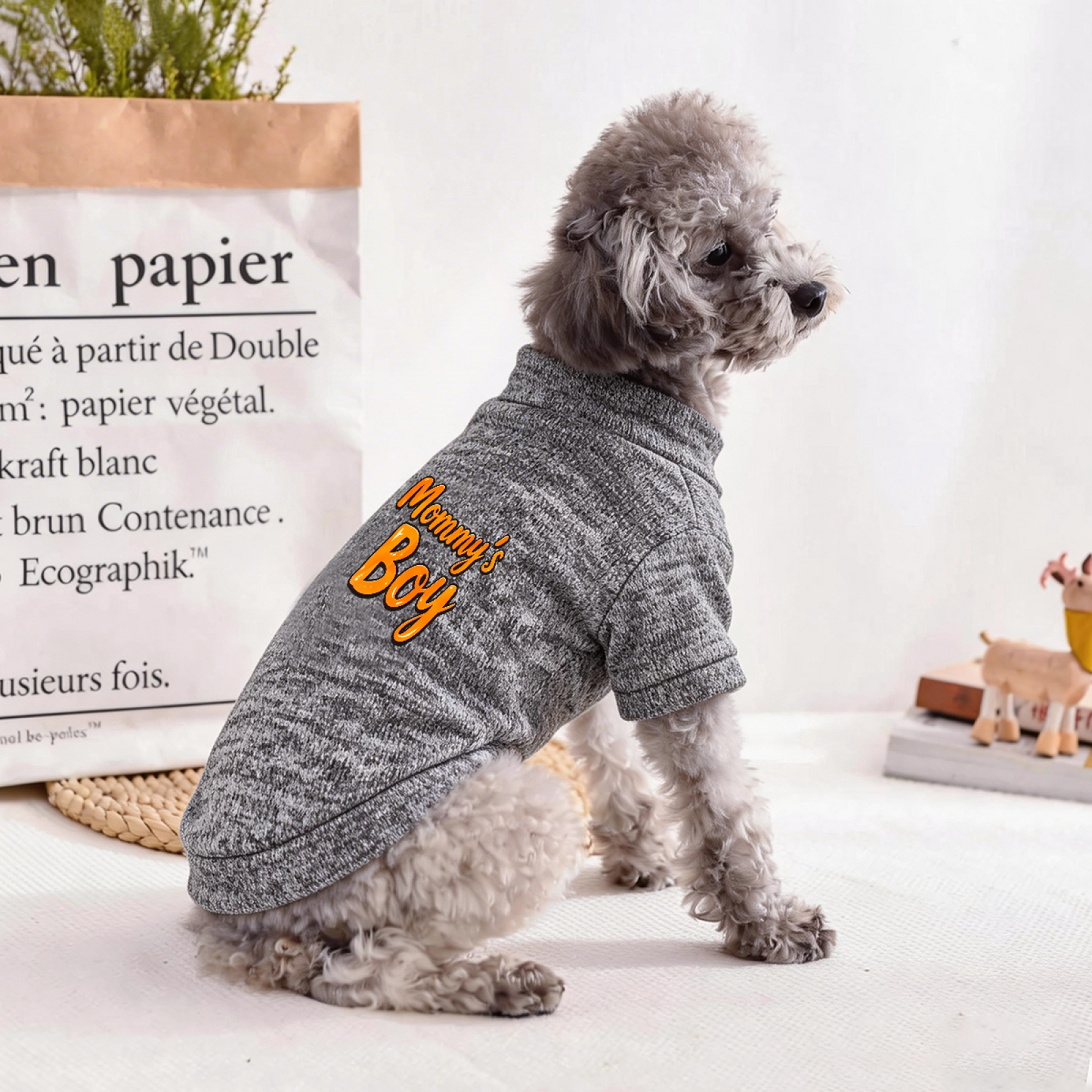 Mommy's Boy Shiny Orange Letter Puppy Grey Sweater