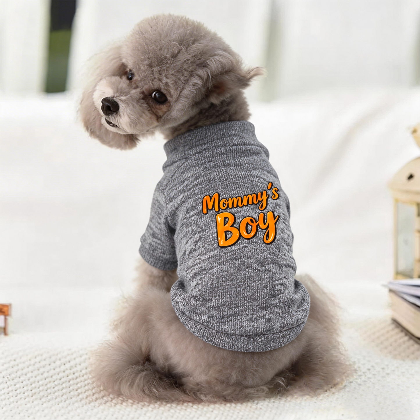 Mommy's Boy Shiny Orange Letter Puppy Grey Sweater