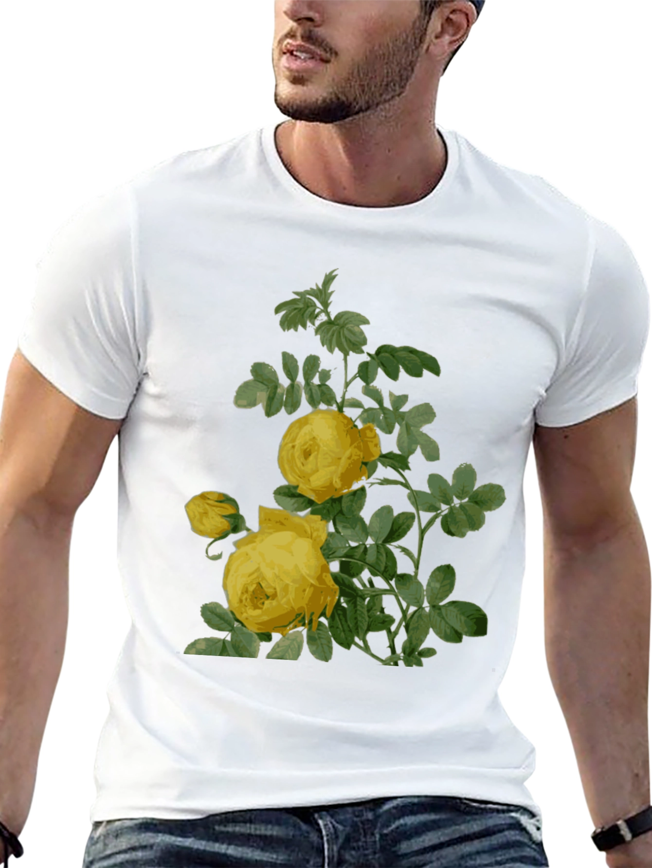 Botanical Yellow Rose Print Black T-Shirt
