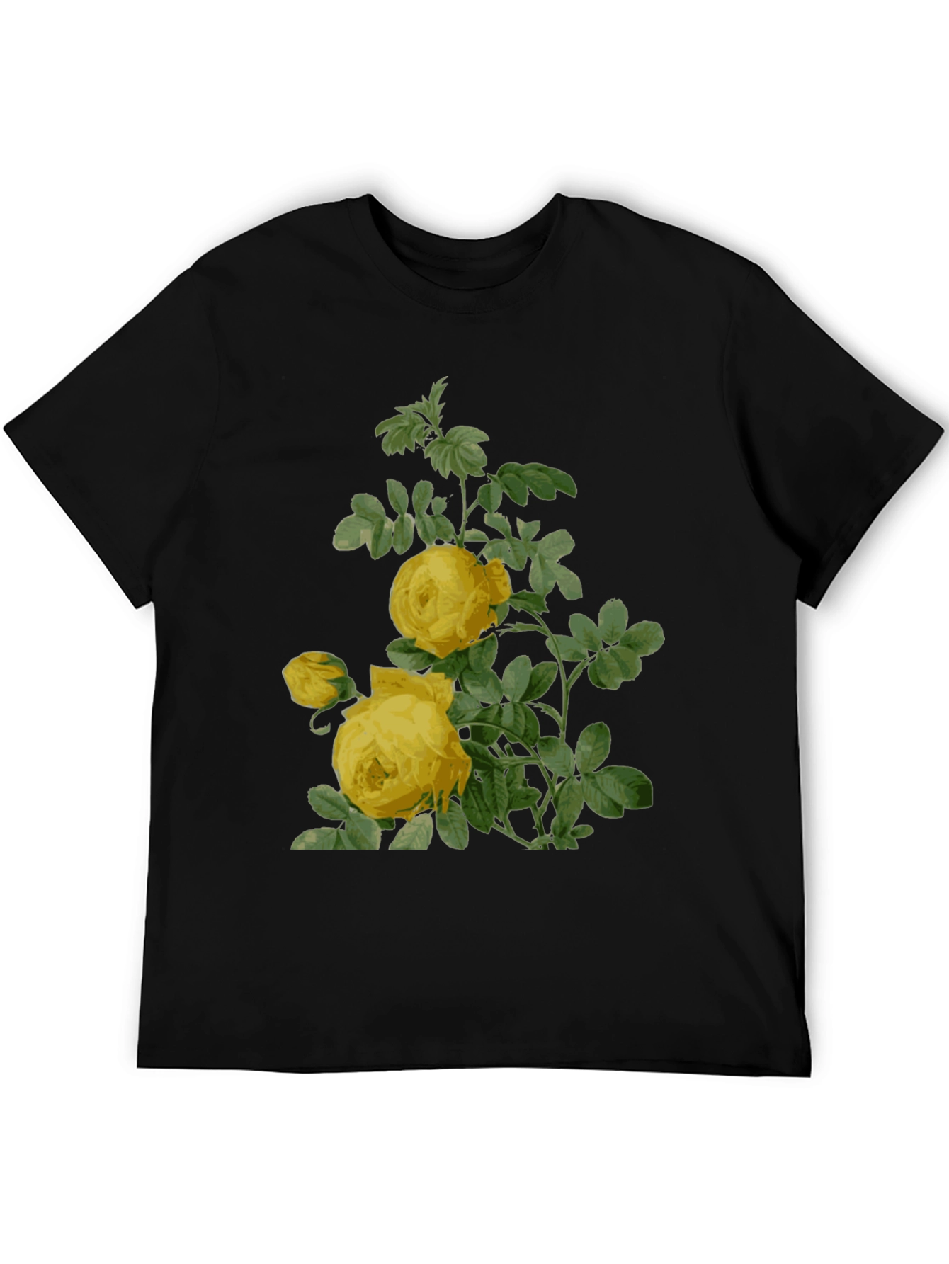 Botanical Yellow Rose Print Black T-Shirt