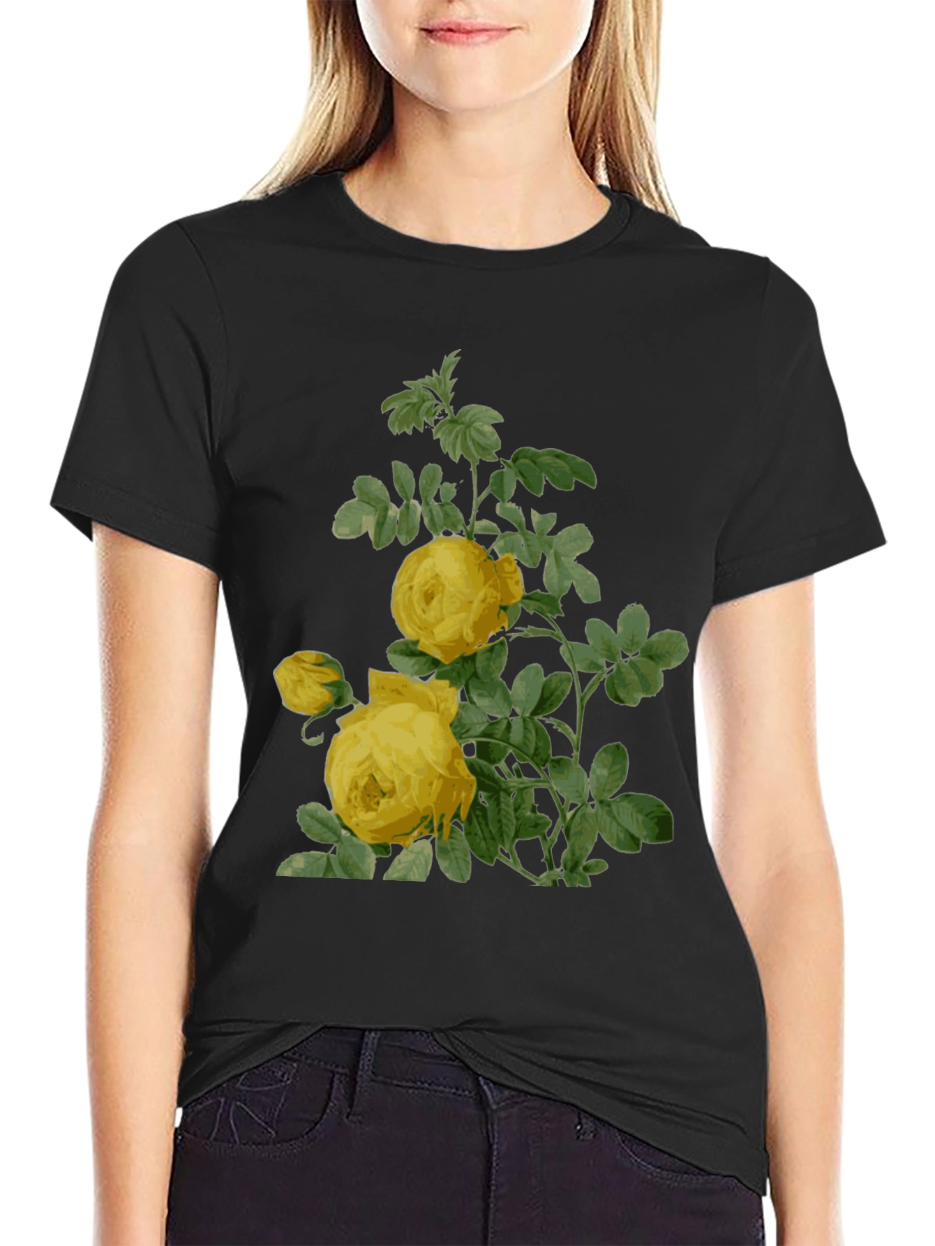 Botanical Yellow Rose Print Black T-Shirt