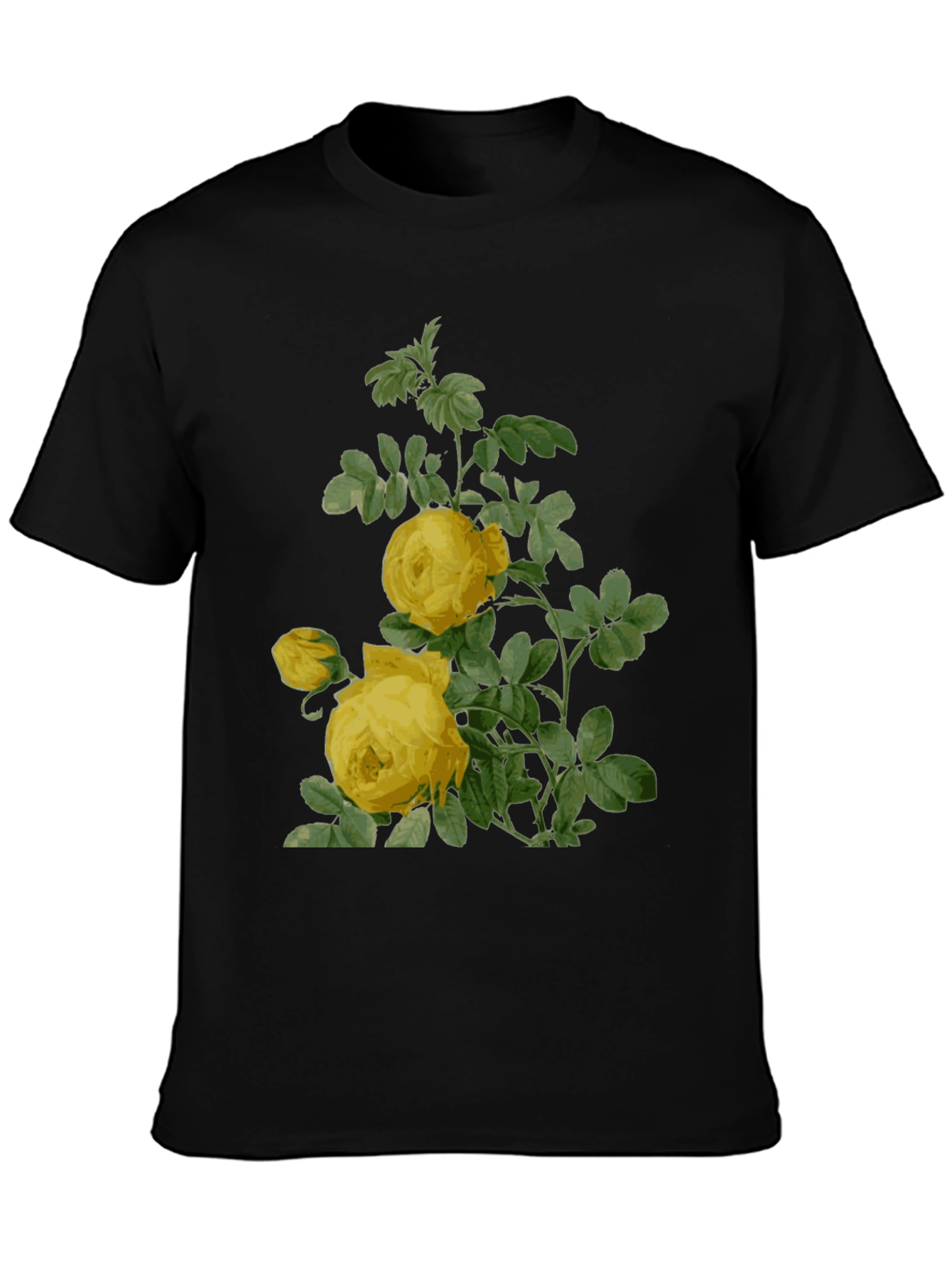 Botanical Yellow Rose Print Black T-Shirt